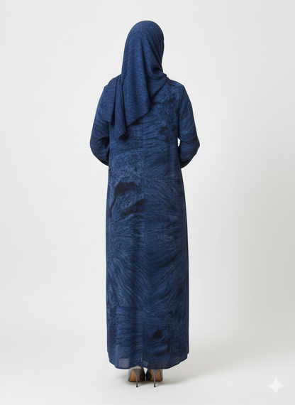 Dark Sapphire & Navy Marble Print Abaya | Rizqé Luxury Modest Chiffon-Finish Wrap