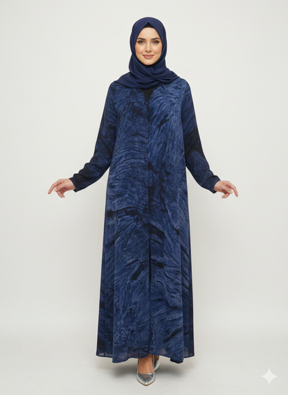Dark Sapphire & Navy Marble Print Abaya | Rizqé Luxury Modest Chiffon-Finish Wrap