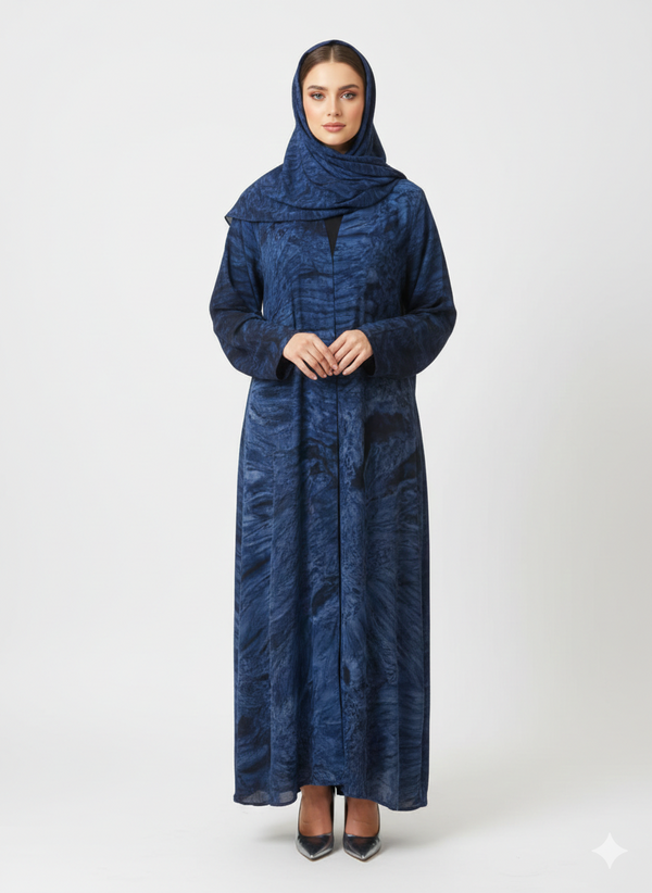 Dark Sapphire & Navy Marble Print Abaya | Rizqé Luxury Modest Chiffon-Finish Wrap