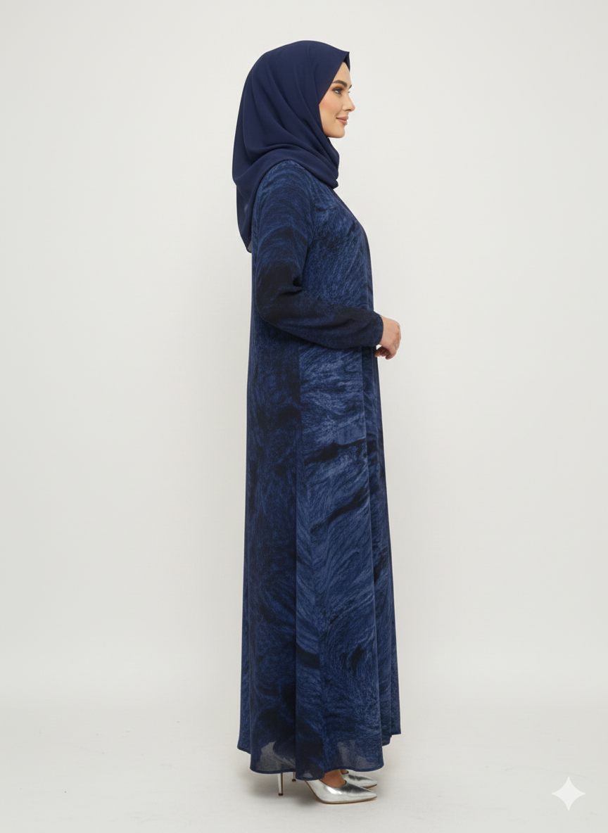 Dark Sapphire & Navy Marble Print Abaya | Rizqé Luxury Modest Chiffon-Finish Wrap