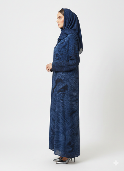 Dark Sapphire & Navy Marble Print Abaya | Rizqé Luxury Modest Chiffon-Finish Wrap