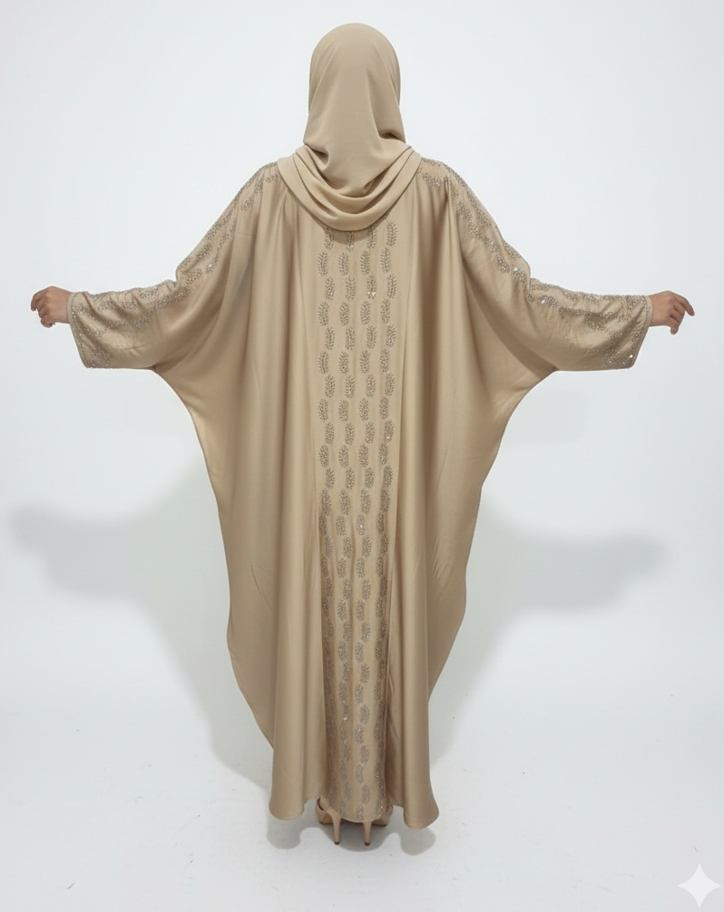 Champagne Gold Farasha Abaya | Rizqé Luxury Silk-Finish Butterfly Wrap with Tonal Sequin Petal Embroidery