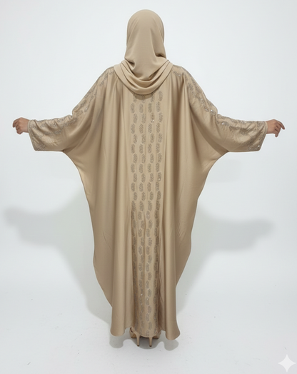 Champagne Gold Farasha Abaya | Rizqé Luxury Silk-Finish Butterfly Wrap with Tonal Sequin Petal Embroidery