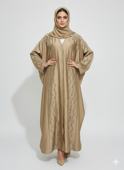 Champagne Gold Farasha Abaya | Rizqé Luxury Silk-Finish Butterfly Wrap with Tonal Sequin Petal Embroidery