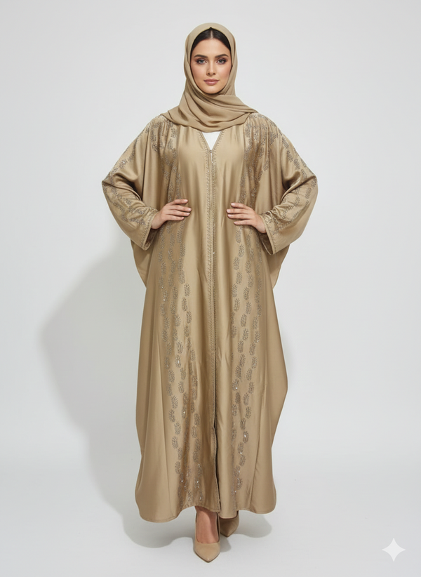 Champagne Gold Farasha Abaya | Rizqé Luxury Silk-Finish Butterfly Wrap with Tonal Sequin Petal Embroidery
