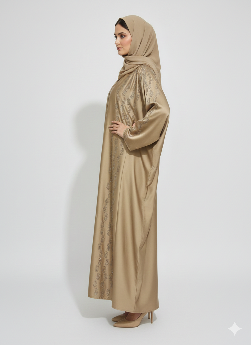 Champagne Gold Farasha Abaya | Rizqé Luxury Silk-Finish Butterfly Wrap with Tonal Sequin Petal Embroidery