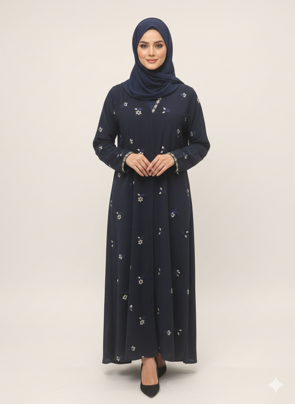 Navy Blue Floral Embroidered Abaya | Rizqé Luxury Scattered Blossom Motif with Intricate Metallic Cuffs