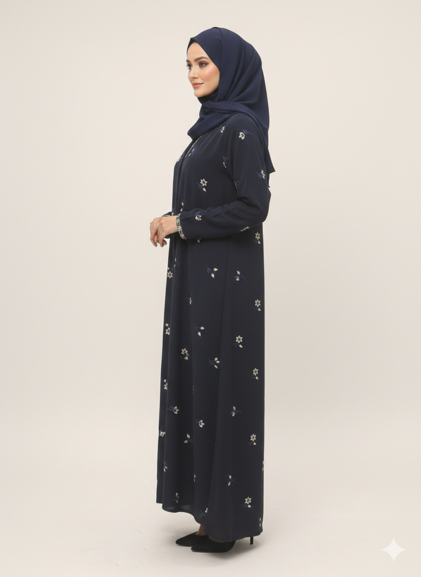 Navy Blue Floral Embroidered Abaya | Rizqé Luxury Scattered Blossom Motif with Intricate Metallic Cuffs