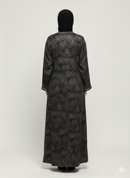 Black & White Abstract Print Abaya | Rizqé Luxury Chiffon-Finish Wrap with Wide Flared Butterfly Sleeves