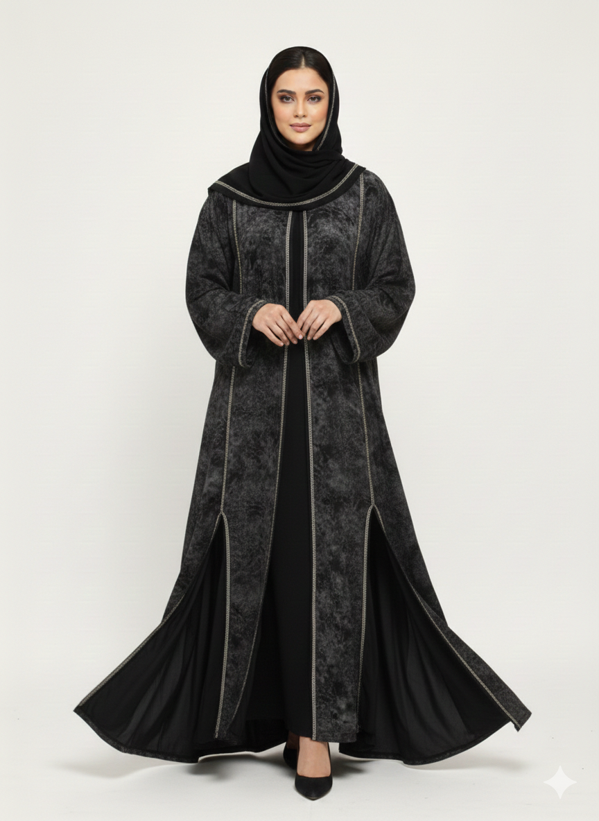 Black & White Abstract Print Abaya | Rizqé Luxury Chiffon-Finish Wrap with Wide Flared Butterfly Sleeves