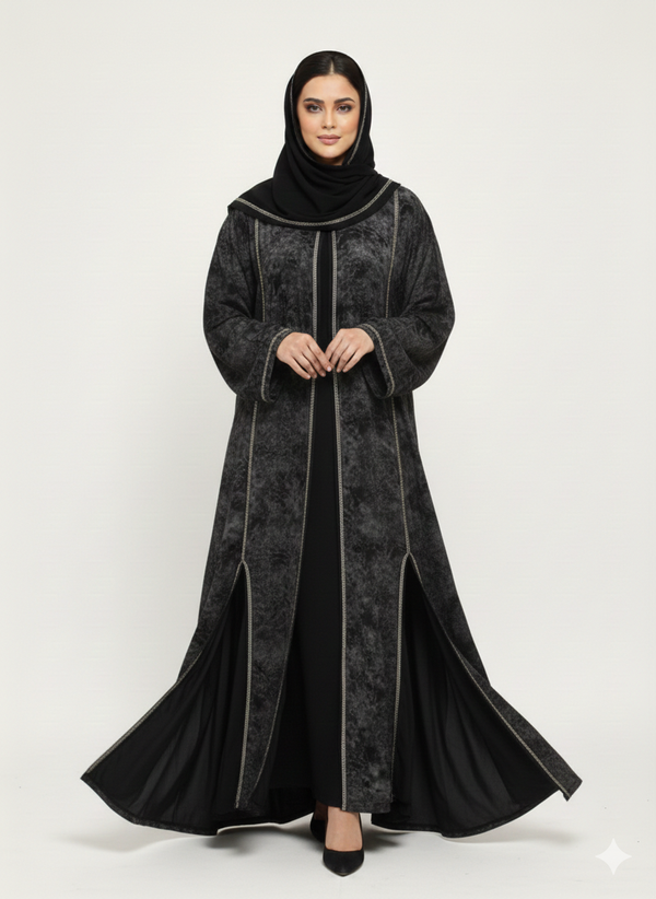 Black & White Abstract Print Abaya | Rizqé Luxury Chiffon-Finish Wrap with Wide Flared Butterfly Sleeves