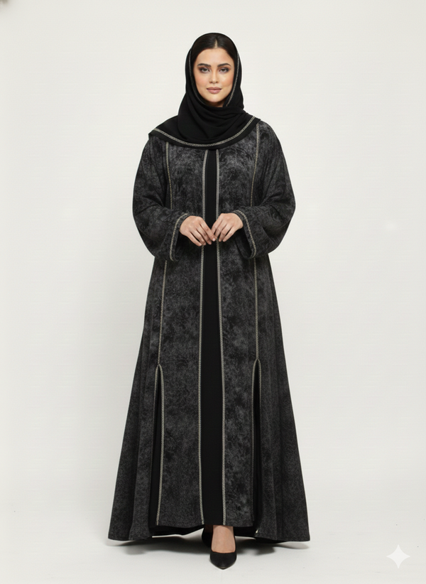 Black & White Abstract Print Abaya | Rizqé Luxury Chiffon-Finish Wrap with Wide Flared Butterfly Sleeves