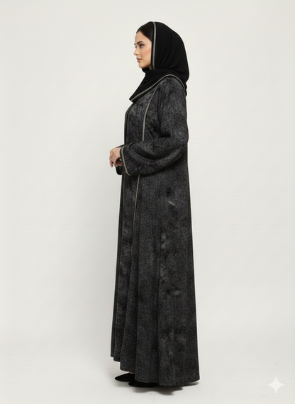 Black & White Abstract Print Abaya | Rizqé Luxury Chiffon-Finish Wrap with Wide Flared Butterfly Sleeves