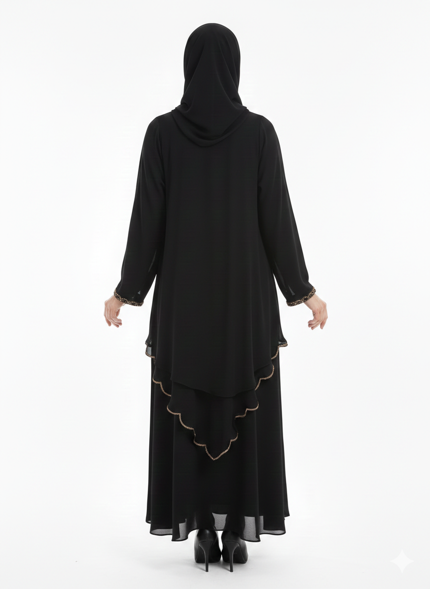 Double-Layered Black Chiffon Abaya | Rizqé Luxury Sheer Overlay Modest Wrap