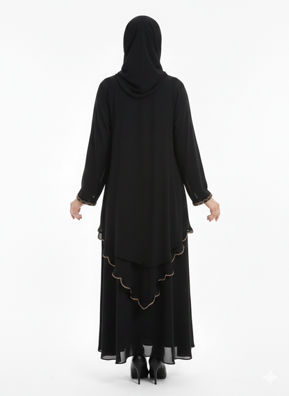 Double-Layered Black Chiffon Abaya | Rizqé Luxury Sheer Overlay Modest Wrap
