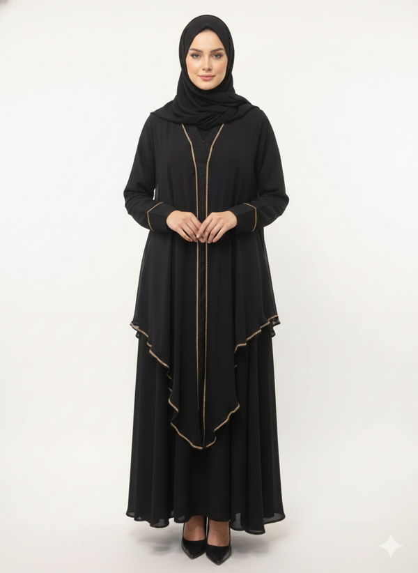 Double-Layered Black Chiffon Abaya | Rizqé Luxury Sheer Overlay Modest Wrap