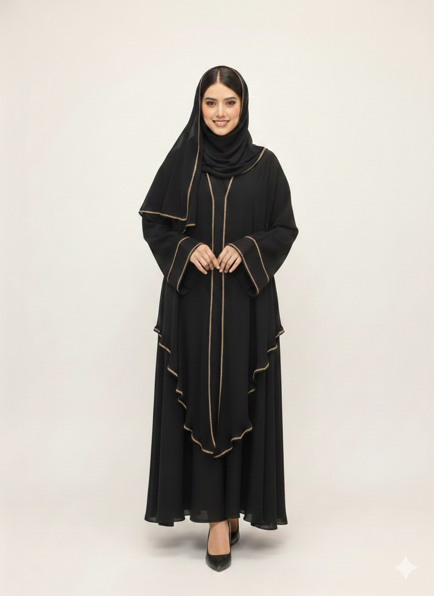Double-Layered Black Chiffon Abaya | Rizqé Luxury Sheer Overlay Modest Wrap