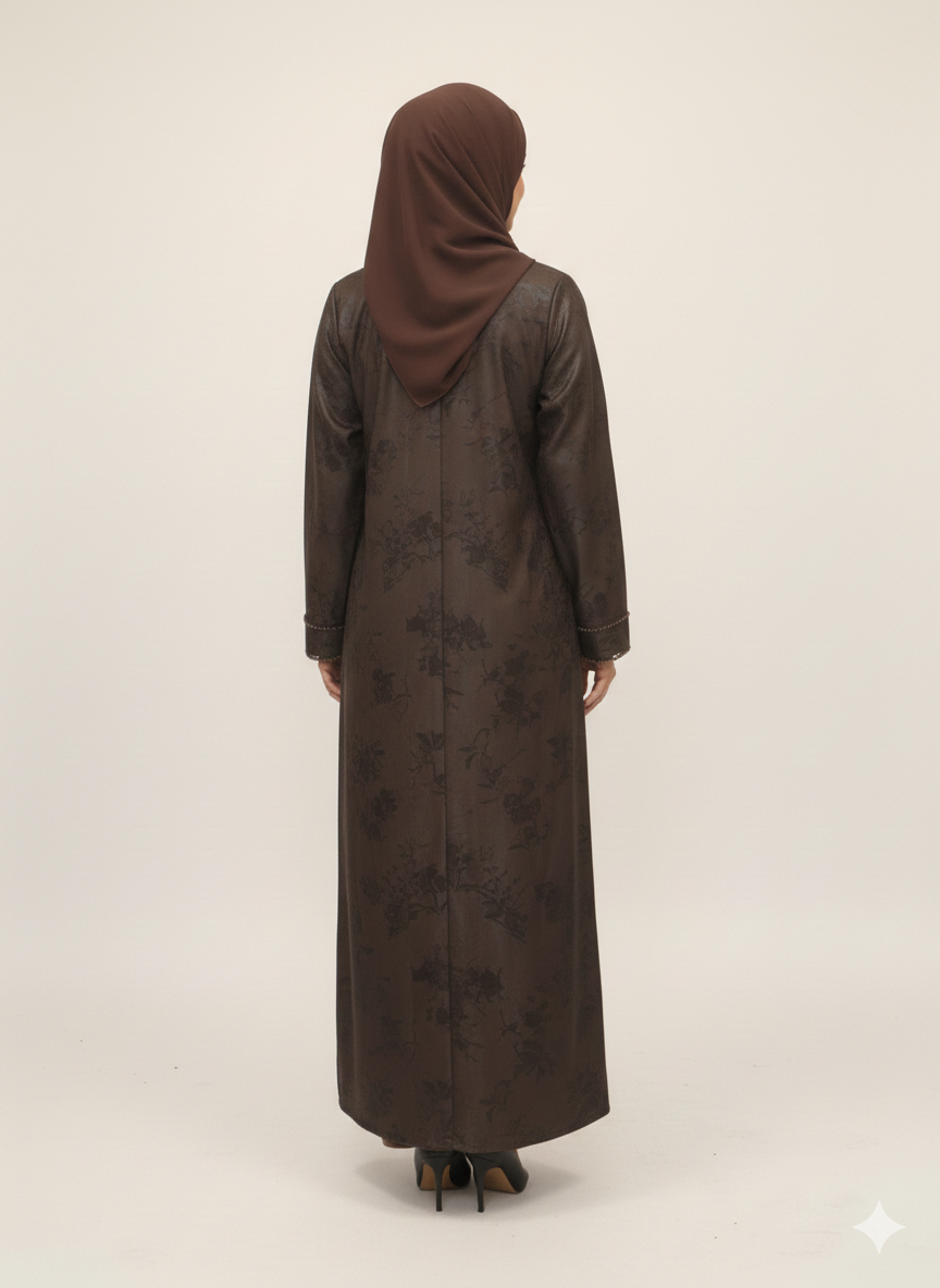 Earth-Toned Mocha Print Abaya | Rizqé Luxury Textured Open Chiffon Modest Wrap