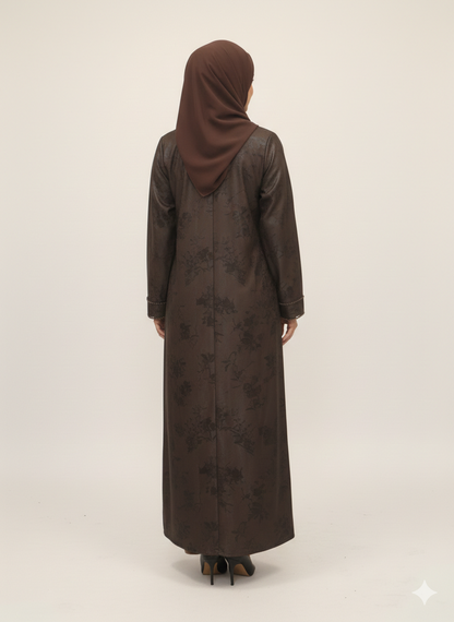 Earth-Toned Mocha Print Abaya | Rizqé Luxury Textured Open Chiffon Modest Wrap