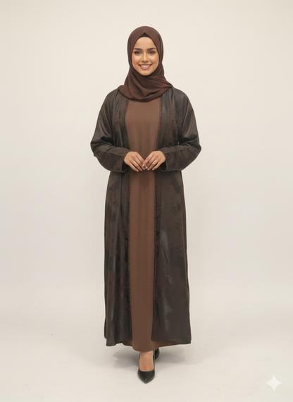 Earth-Toned Mocha Print Abaya | Rizqé Luxury Textured Open Chiffon Modest Wrap