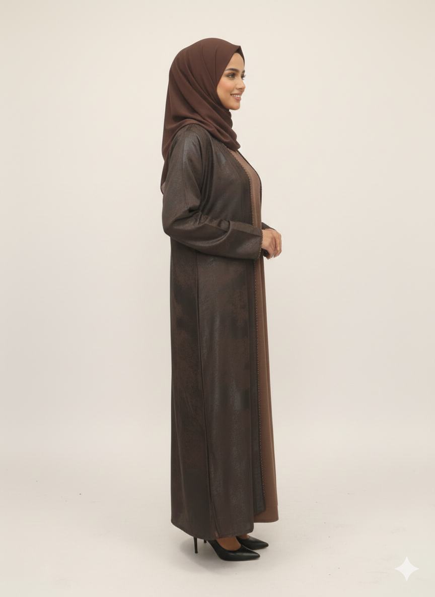 Earth-Toned Mocha Print Abaya | Rizqé Luxury Textured Open Chiffon Modest Wrap