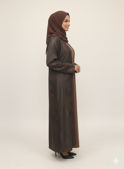 Earth-Toned Mocha Print Abaya | Rizqé Luxury Textured Open Chiffon Modest Wrap