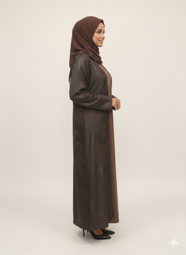 Earth-Toned Mocha Print Abaya | Rizqé Luxury Textured Open Chiffon Modest Wrap