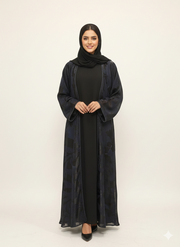 Navy & Charcoal Abstract Marble Abaya | Rizqé Luxury Open-Front Wrap with Midnight Sapphire Tonal Prints