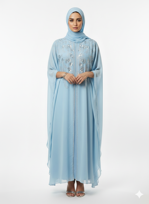 Sky Blue Kaftan Abaya | Embellished Butterfly Sleeve Modest Dress | Chiffon Rizqé Luxury  Fashion