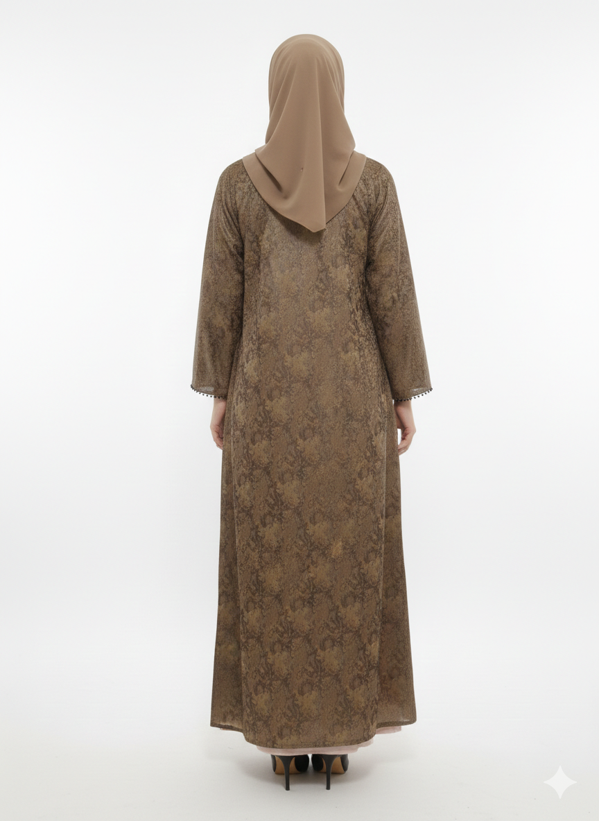 Golden Beige Embroidered Abaya | Rizqé Luxury Champagne Tonal Floral Motif