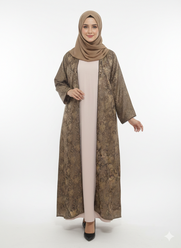 Golden Beige Embroidered Abaya | Rizqé Luxury Champagne Tonal Floral Motif