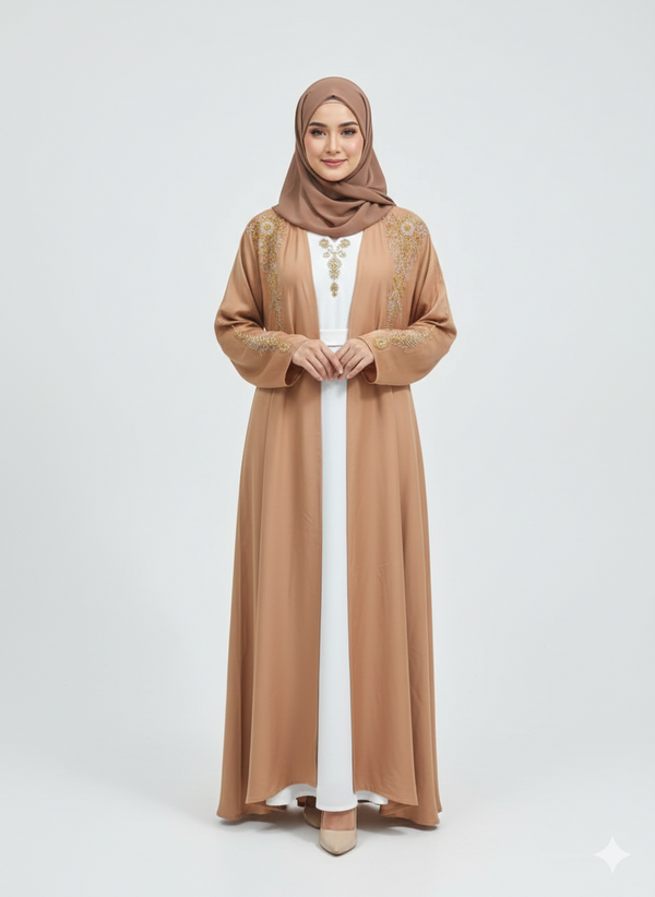 Peachy Pink Embroidered Abaya | Rizqé Luxury Gold & White Floral Hand-Work Modest Open Abaya