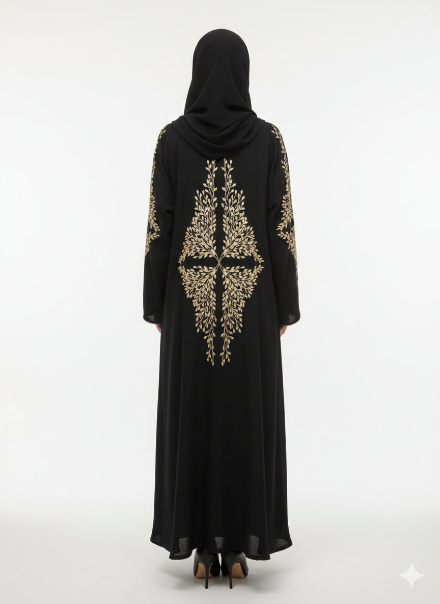 Jet Black Floral Embroidered Abaya | Rizqé Luxury Gold Vine Hand-Work Modest Abaya