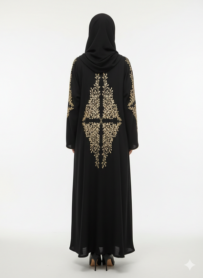 Jet Black Floral Embroidered Abaya | Rizqé Luxury Gold Vine Hand-Work Modest Abaya