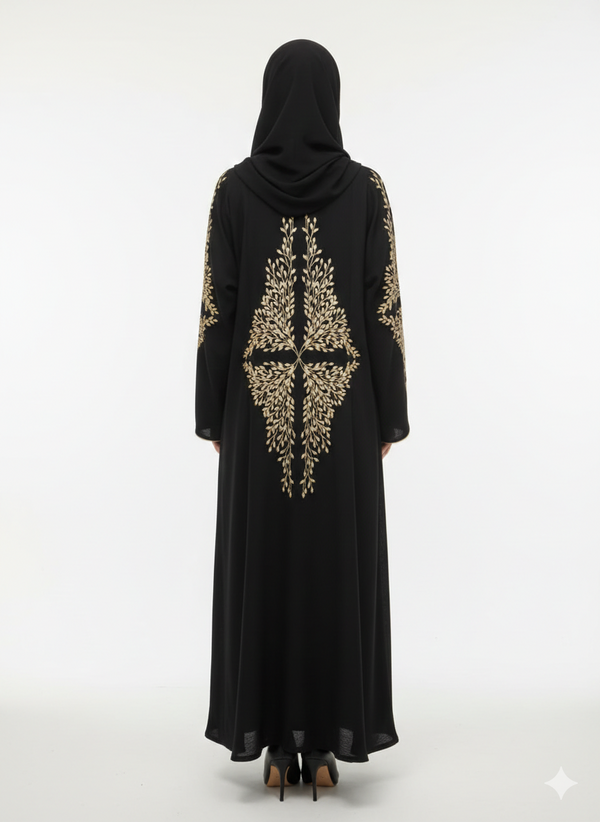 Jet Black Floral Embroidered Abaya | Rizqé Luxury Gold Vine Hand-Work Modest Abaya