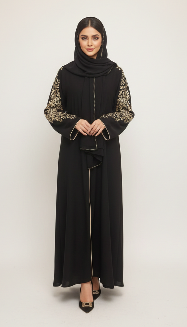 Jet Black Floral Embroidered Abaya | Rizqé Luxury Gold Vine Hand-Work Modest Abaya