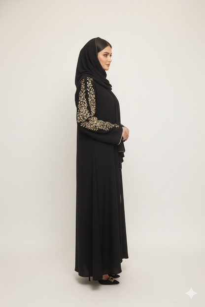 Jet Black Floral Embroidered Abaya | Rizqé Luxury Gold Vine Hand-Work Modest Abaya
