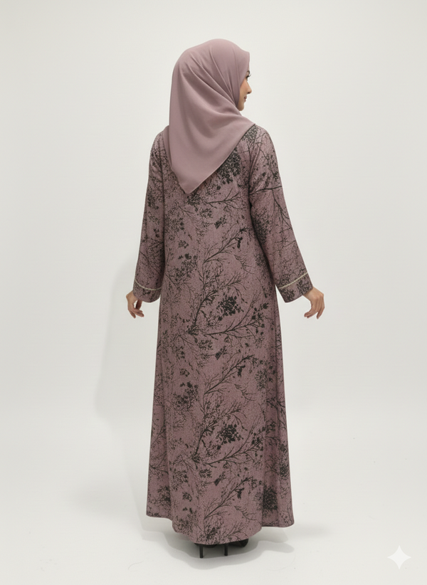 Dusty Pink & Mauve Botanical Abaya | Rizqé Luxury Cotton-Blend Wrap with Delicate Charcoal Floral Artistry