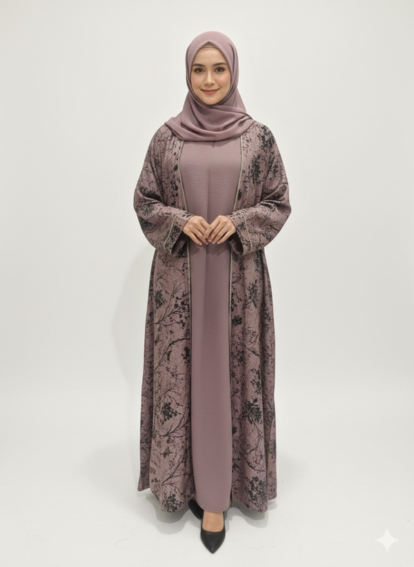 Dusty Pink & Mauve Botanical Abaya | Rizqé Luxury Cotton-Blend Wrap with Delicate Charcoal Floral Artistry