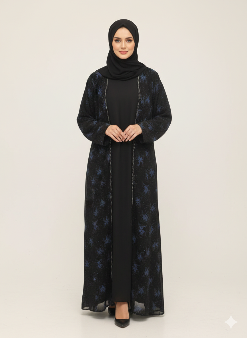 Black Abaya with Blue Floral Print & Hand-Beaded Embroidery | Rizqé Luxury Sapphire Blossom Modest Wrap