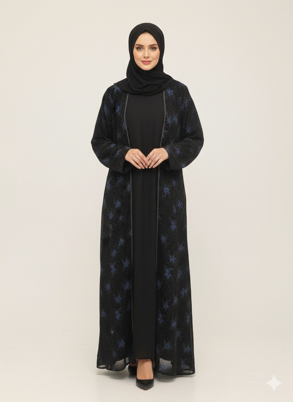 Black Abaya with Blue Floral Print & Hand-Beaded Embroidery | Rizqé Luxury Sapphire Blossom Modest Wrap