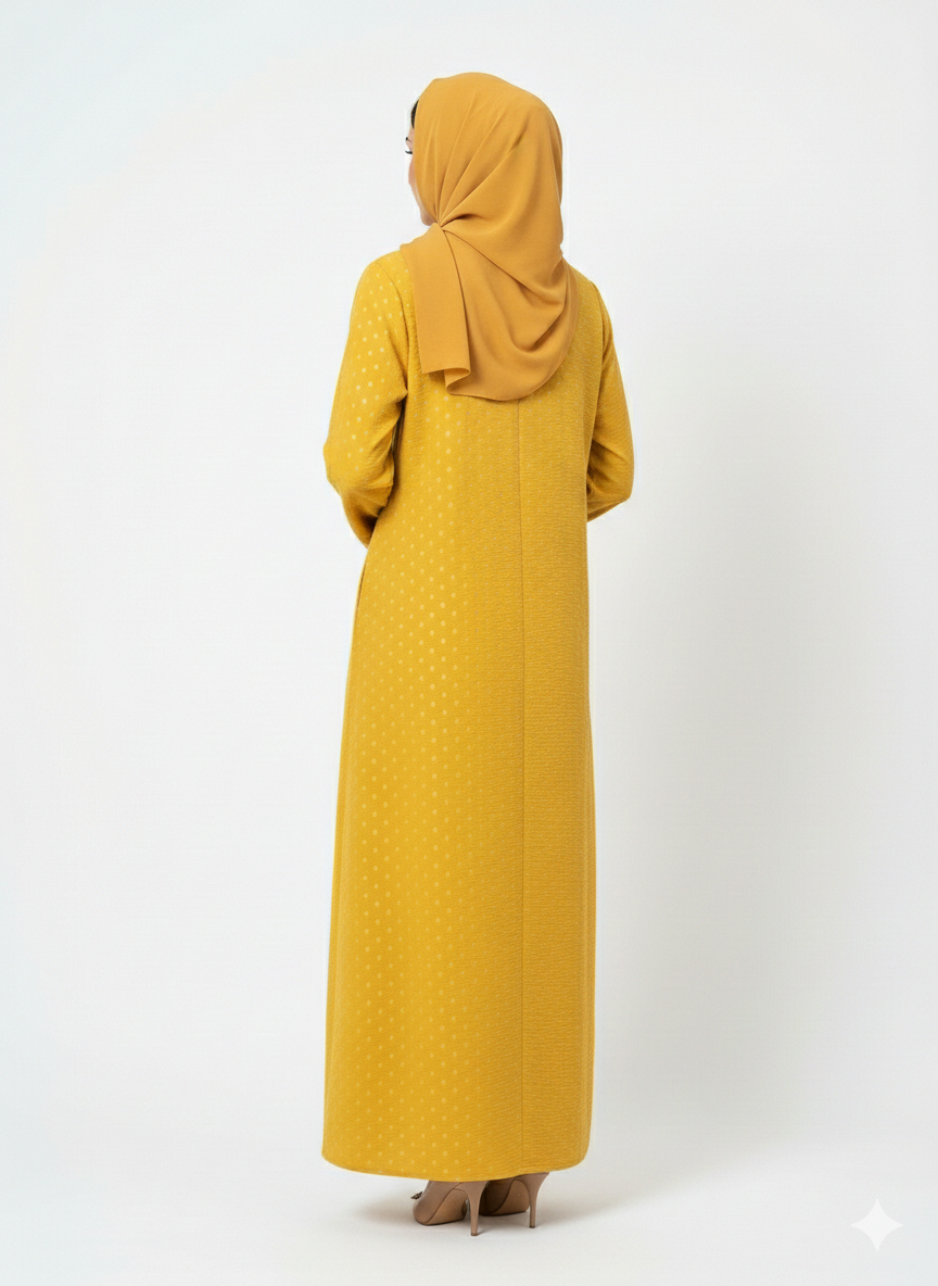 Rizqé Saffron Modest Sunstone Vibrant Yellow Mineral Print Abaya