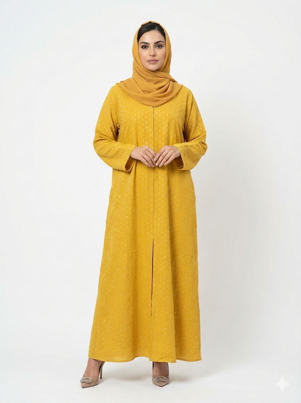 Rizqé Saffron Modest Sunstone Vibrant Yellow Mineral Print Abaya