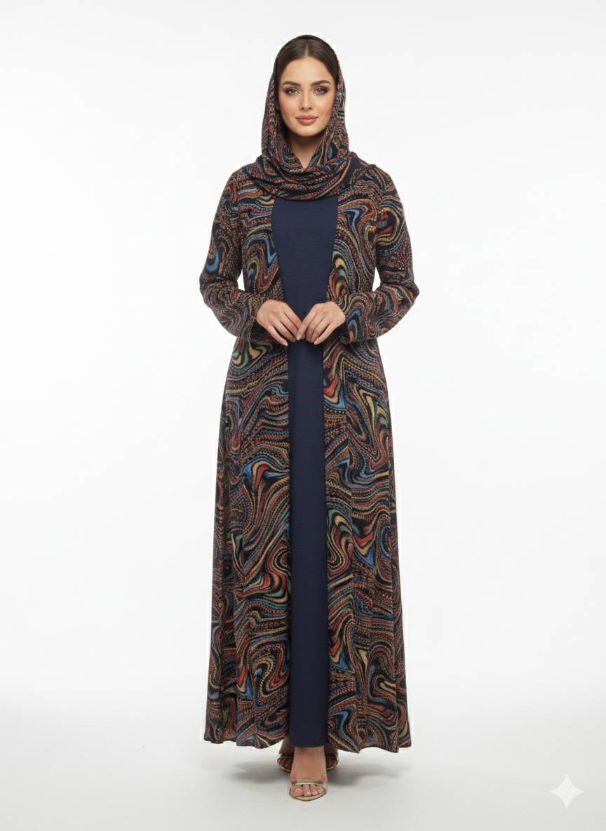 Rizqé Azure Vortex Blue Kimono-Style Swirl Print Abaya