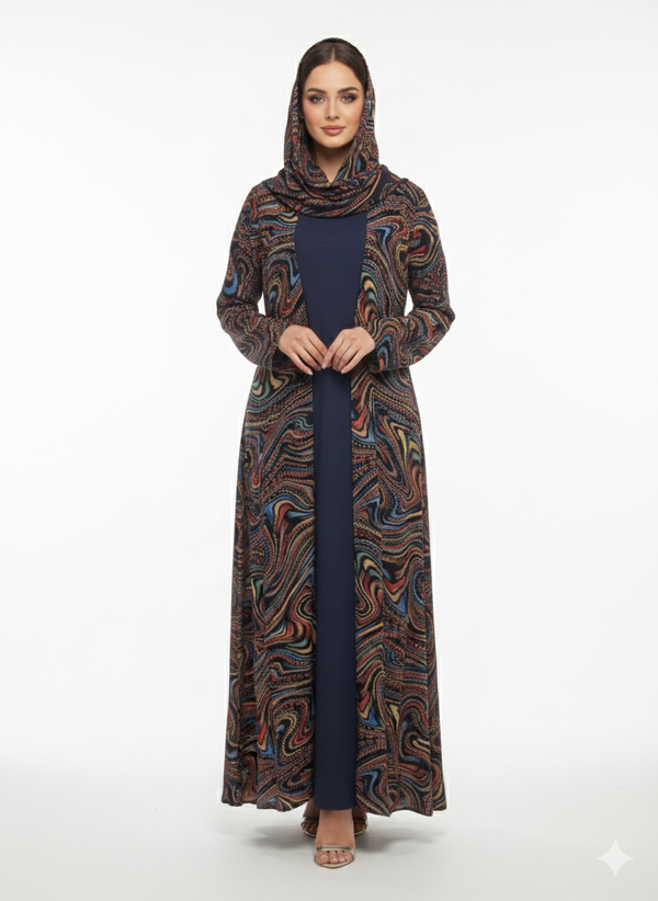 Rizqé Azure Vortex Blue Kimono-Style Swirl Print Abaya