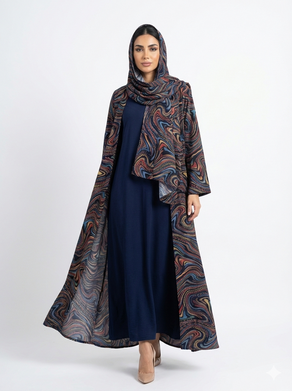 Rizqé Azure Vortex Blue Kimono-Style Swirl Print Abaya