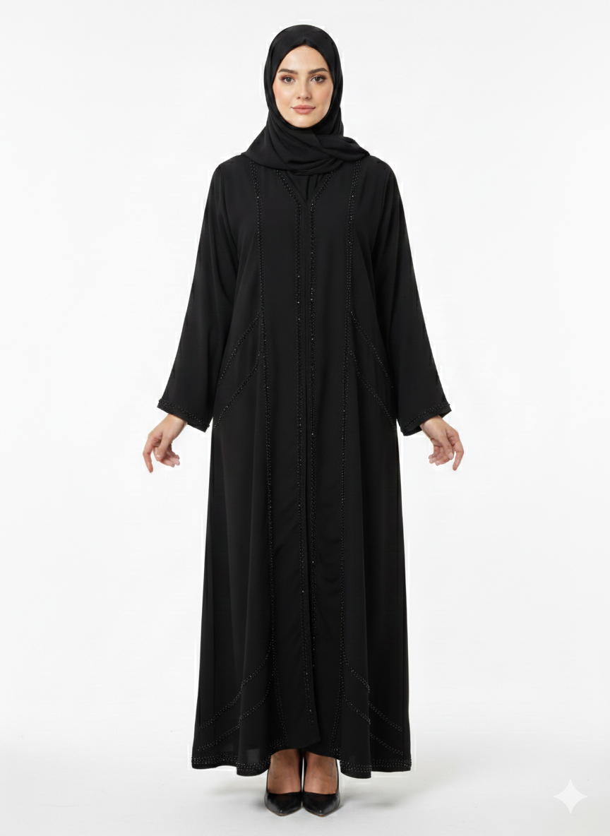 Rizqé Midnight Obsidian Black Hand-Beaded Embellished Modest Abaya