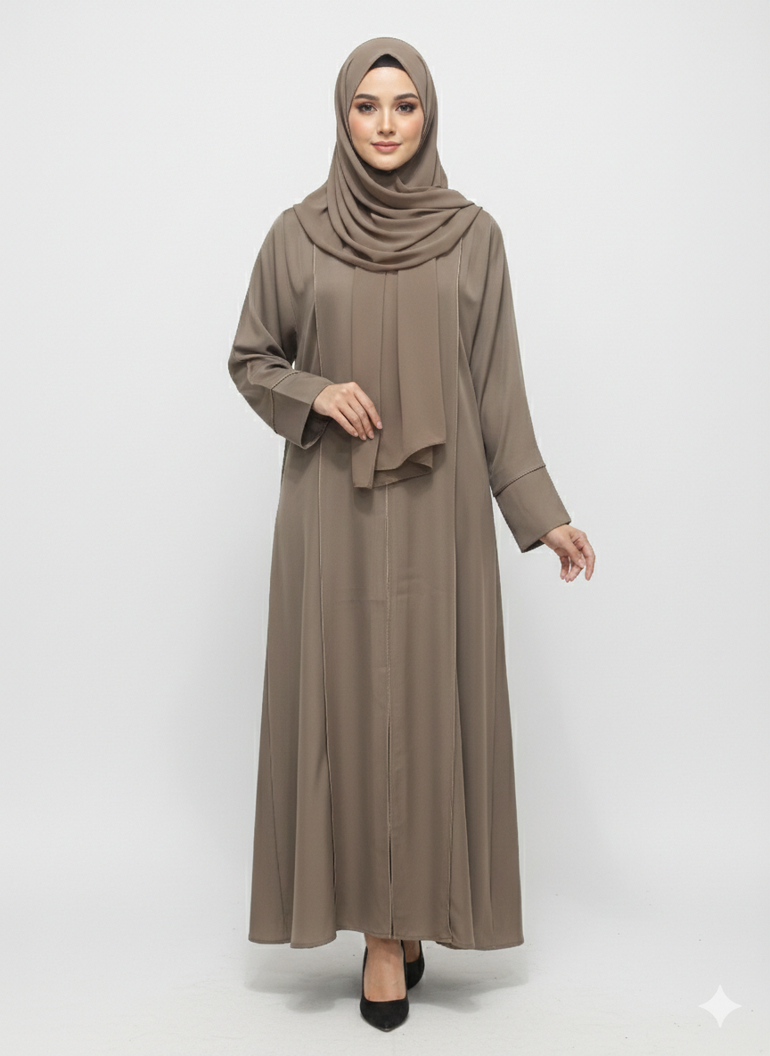 Rizqé Espresso Taupe Minimalist Modest Structured Panel Abaya