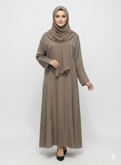 Rizqé Espresso Taupe Minimalist Modest Structured Panel Abaya
