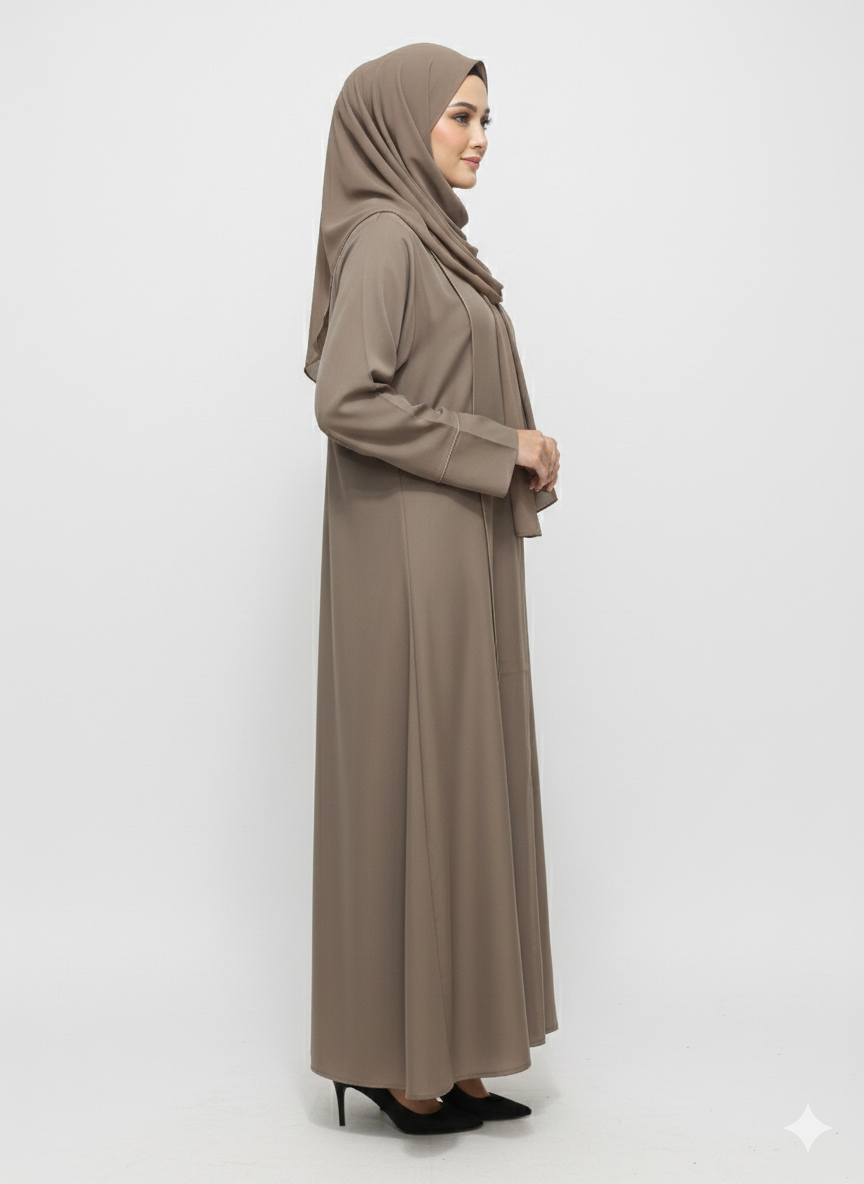 Rizqé Espresso Taupe Minimalist Modest Structured Panel Abaya